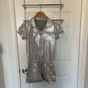 MIA New York Silver Puff Sleeve Metallic Romper